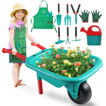 JoyStone Kids Gardening Tool Set Law and Garden Outdoor Toys Kids Wheelbarrow Watering Can Gloves Hand Rake Shovel Trowel Double Hoe Apron