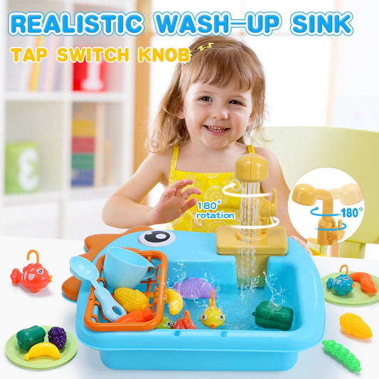 JoyStone Kitchen Play Sink Toys, Dinosaur Electronic Dishwasher Sink with Running Water, Fishing Game Toys and Play Food for Kids, Blue