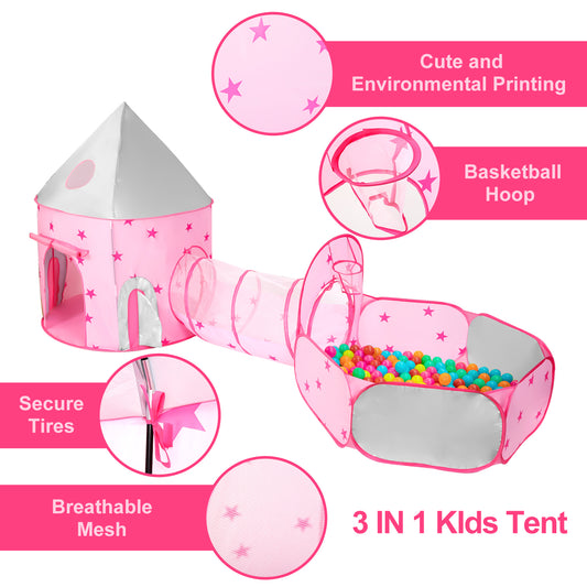 JoyStone 3pc Toddler Pop up Kids Play Tent with Tunnel and Ball Pit for Boys, Girls and Toddlers, Indoor& Outdoor Play House, Perfect Kid's Gifts (Pink)