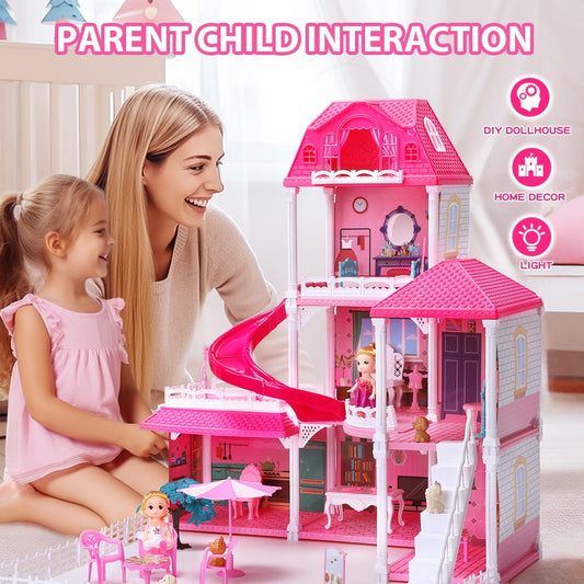 JoyStone Princess Castle House for Girls, Dollhouse Playset, 3-Story 6 Rooms Playhouse with 2 Dolls Toy Figure, Lights and Furniture & Accessories