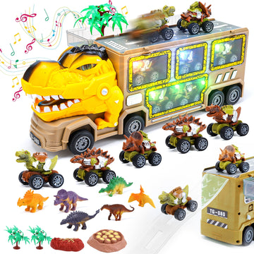 JoyStone Dinosaur Truck Toys for Kids 3-5 Years, 18 in 1 T-Rex Transport Car Carrier Truck with Light, Music & Roar Sound and Slide, Christmas Birthday Gifts for Boys, Yellow