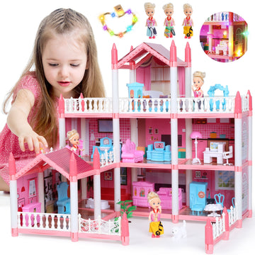 JoyStone DollHouse with Colorful Light, Pretend Play Toddler Doll House Furniture Sets with 3 Dolls, 9 Rooms DIY house , Creative Gift for Girls