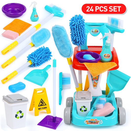 JoyStone Kids Cleaning Set Toys, Pretend Play Housekeeping 24PCS Supplies Kit Complete Includes Sweeping Broom, Mop, Duster, Dustpan, Brush, Rag, Housekeeping Cart Toys Gift for Girls & Boys