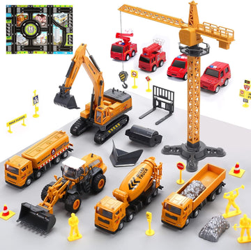 JoyStone Kids Construction Vehicles Playset with Playmat,Crane, Excavator, Tractor, Dump Truck, 4 Firetrucks, Christmas Birthday Gift for 3-5 Year Old Toddlers Boys