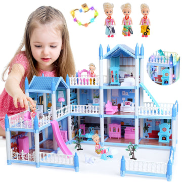 JoyStone Dollhouse 3 Story 9 Rooms Blue DIY Pretend Play Building Playset, Princess House Asseccories and Furniture,Gift for 6-9 Girls Toddler