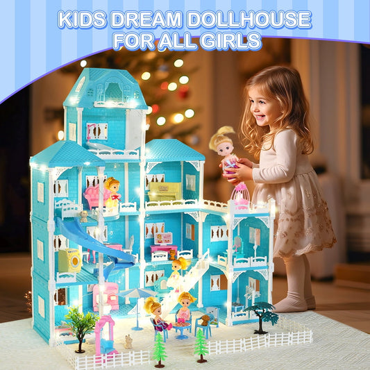 JoyStone Dollhouse with Lights, 4-Story 12 Rooms Huge Doll House with 4 Dolls Toy Figures, Fully Furnished Pretend Playhouse Gifts for Girls Ages 3+, Blue