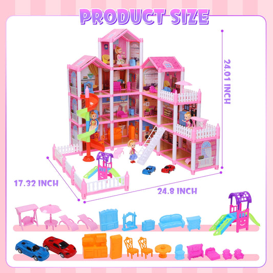 JoyStone Dream Dollhouse, 13 Rooms Playhouse with 4 Dolls Playset with Furniture&Light Strip& Rotating Slide, Gift Toy for Kids Ages 3-8