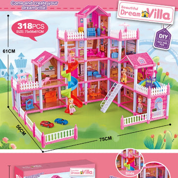 JoyStone Dream Dollhouse, 16 Rooms Playhouse with 4 Dolls Playset with Furniture&Light Strip& Rotating Slide, Gift Toy for Kids Ages 3-8