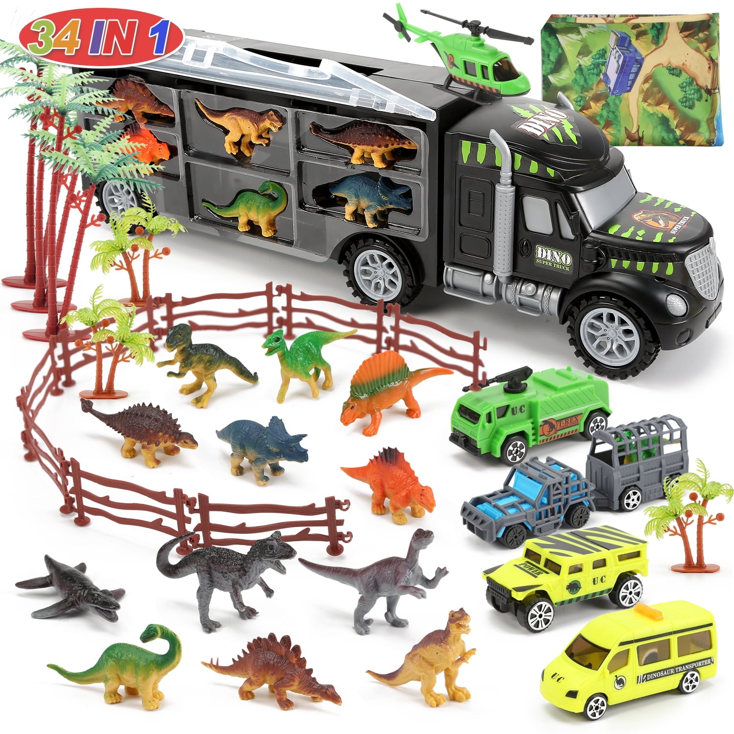 JoyStone 34 in 1 Dinosaurs Truck, Dino Transport Car Carrier Truck Toy with 12 Mini Dinosaur Figures and 4 Cars, Dino Park Toy Birthday Gift for 3+ Year Old Boys and Toddlers