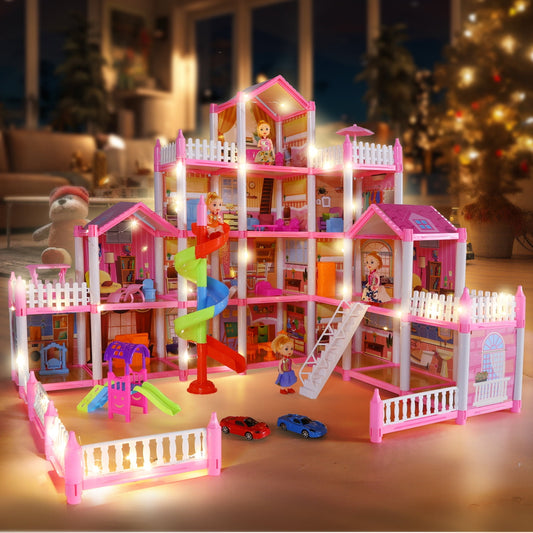 JoyStone Dream Dollhouse, 16 Rooms Playhouse with 4 Dolls Playset with Furniture&Light Strip& Rotating Slide, Gift Toy for Kids Ages 3-8